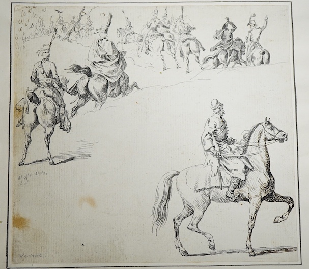 Carle Vernet (French, 1758-1836), Procession of military figures on horseback, signed in pencil lower left, pen and ink study on paper, 12 x 13cm, mounted, unframed